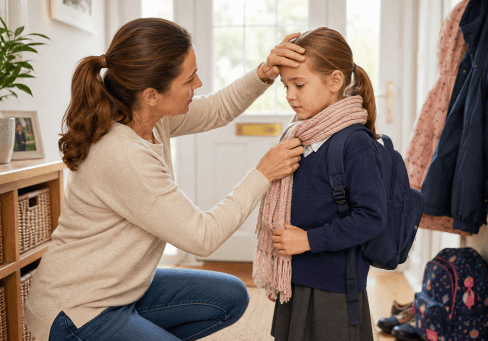 Child with anxiety getting ready for school with concerned mum. homeopathy for children